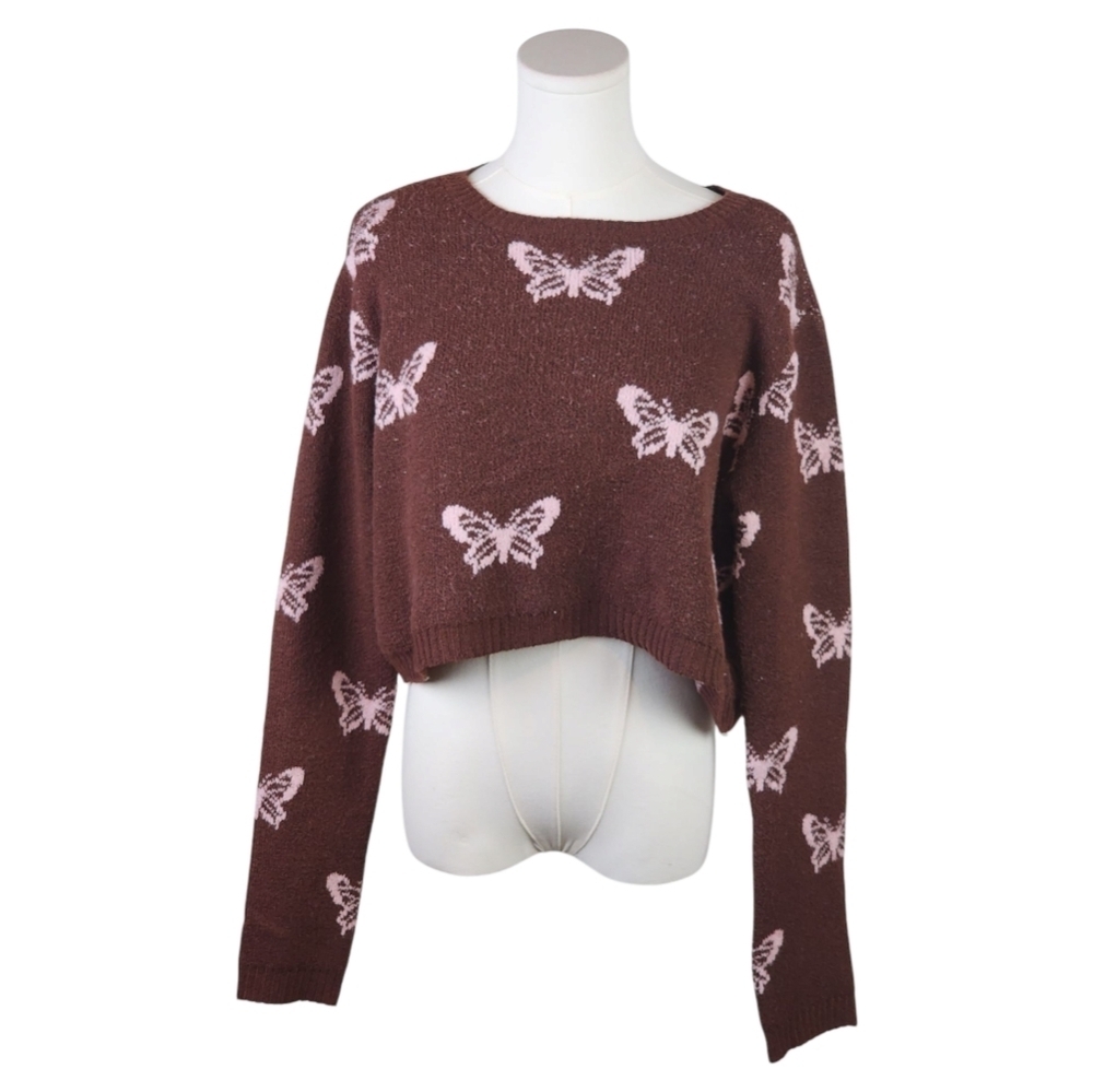 Arizona Jean Co Butterfly Print Brown Pink Cropped Sweater Size XL Cozy Knit